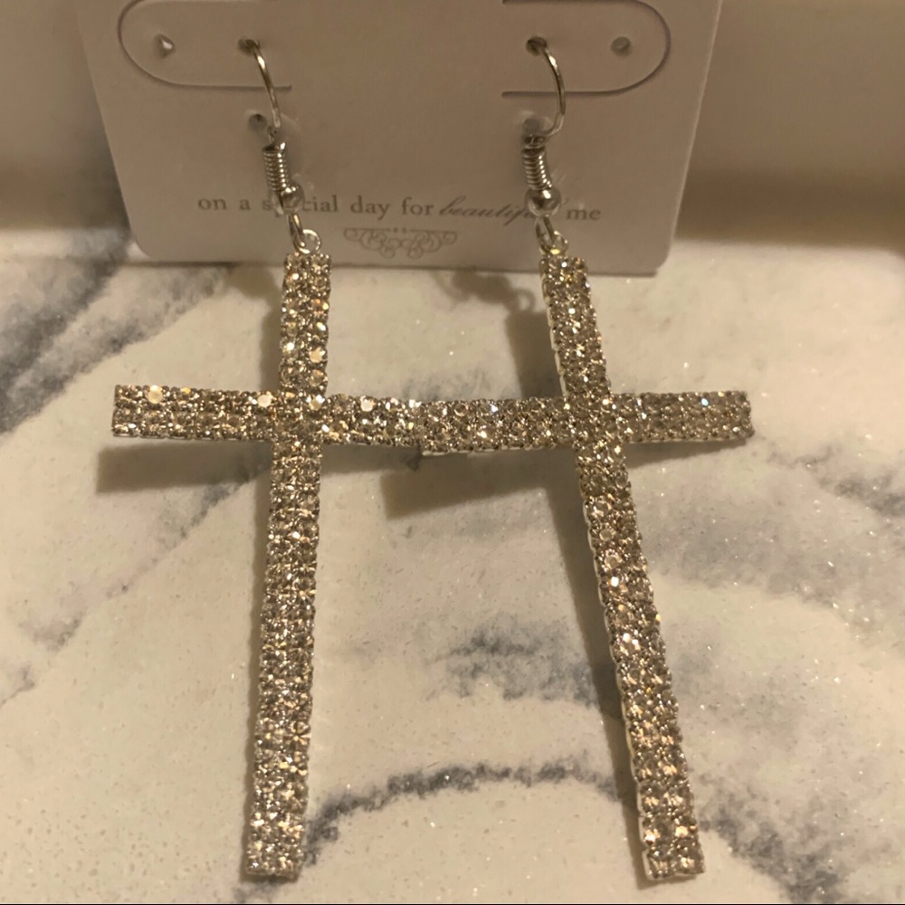 Silver Cross Earrings Sparkly NIB